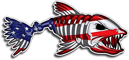 Patriotic US Flag Skeleton Fish Stickers - 2 pcs, 6in