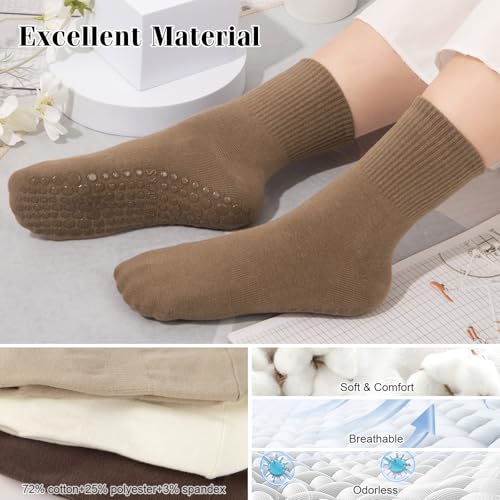 Grippy Pilates Socks for Women - Non-Slip Crew Socks, Brown/Dark Brown/White/Light Brown