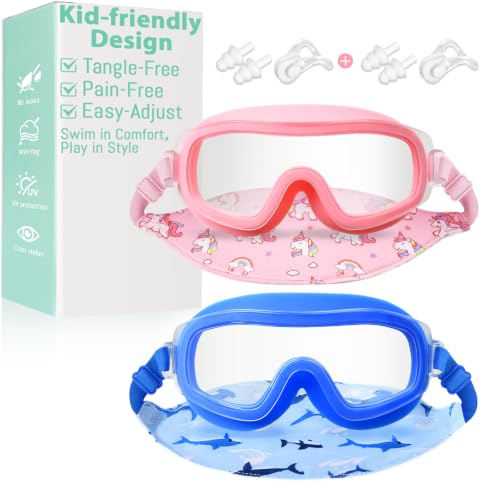 Pixel Panda Kids Swimming Goggles 2-Pack for Ages 3-14 with Fabric Straps - Dark Blue & Pink