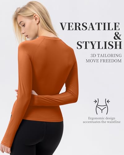 Women's Compression Long Sleeve Workout Shirt with Thumb Holes - Orange, X-Large