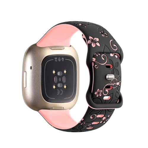 Two-Tone Floral Engraved Silicone Band for Fitbit Versa 3/4/Sense 2 - Black/Pink