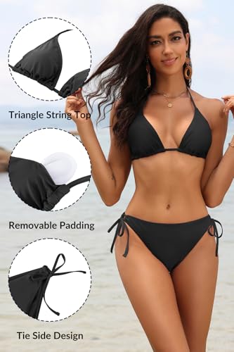 Tempt Me Women's Triangle Bikini Sets Tie Side Bathing Suit Medium Black