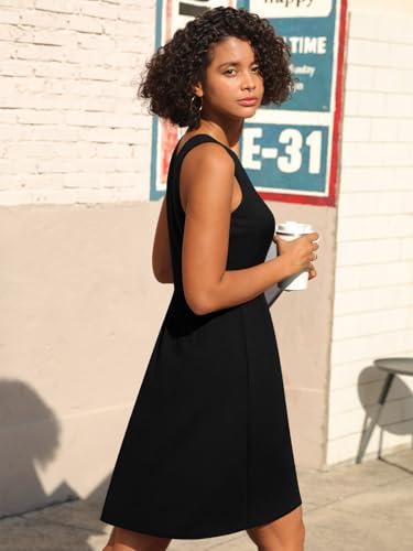 CATHY Women's V Neck Sleeveless Dress with Pockets - Summer Sundress, Medium Black, S-2XL