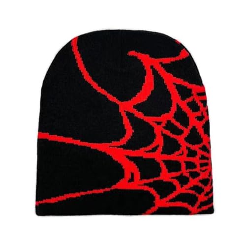 Y2K Spider Beanie Hat - Wool Acrylic Knit Skull Cap - One Size Spider-Black Red