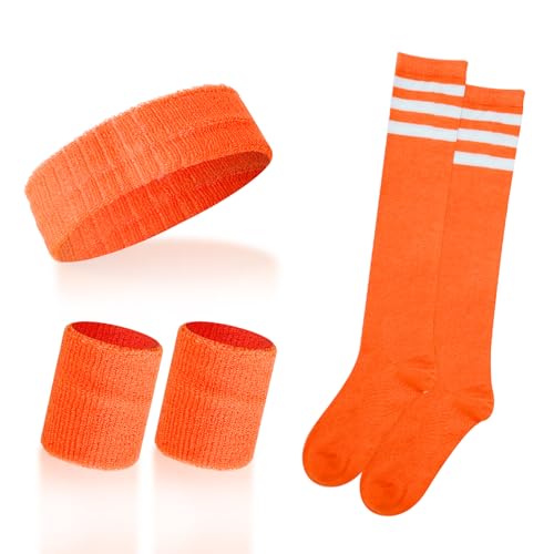 Retro Sweatbands and Striped Socks Set - Solid Orange