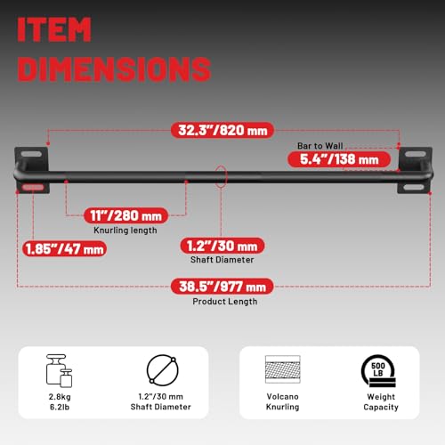 36-Inch Wall-Mounted Pull Up Bar for Home Gym - 500 lb Capacity