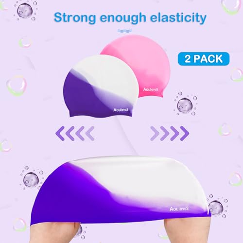 Kids Swim Cap - 2 Pack Silicone Swimming Caps for Long Hair - Pink & Bright Purple
