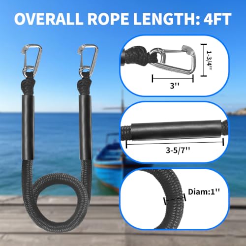 Bungee Dock Line with Double Stainless Steel Hooks, 4-6 ft, 2200lb, 2 Pack