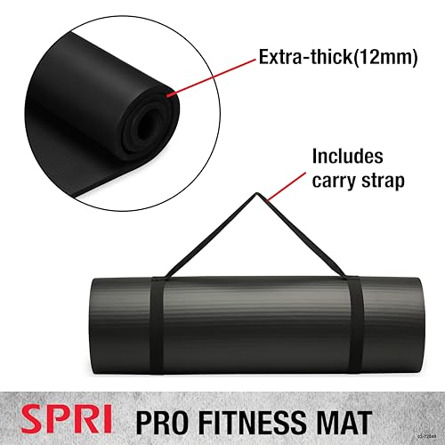 SPRI 12mm Pro Fitness Matt - Thick Exercise Mat for Floor Workouts, Sit-Ups, Push-Ups, Stretching, Toning, and General Fitness - Non-Slip Texture, Cushioned, Portable Rolling Mat with Carrying Strap