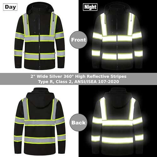 Reflective Safety Jacket for Men Women Hi Vis Waterproof Fleece Hoodie High Visibility Winter Rain Coat Meet ANSI Class 2