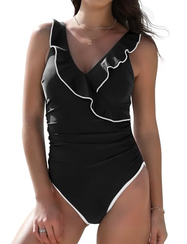 Women's Ruffle Trim V Neck Ruched Full Piece Swimsuit - X-Large Black