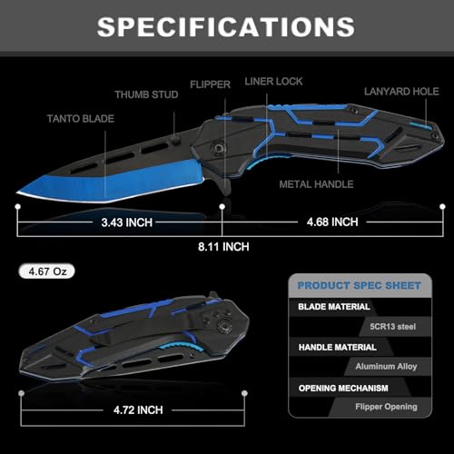Folding Pocket Knife with Clip - EDC Tactical Knife - Black/Blue