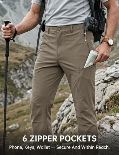 Men's Water-Resistant Hiking Pants - Lightweight Travel Pants, Khaki Grey, 34W x 30L, Belt Included