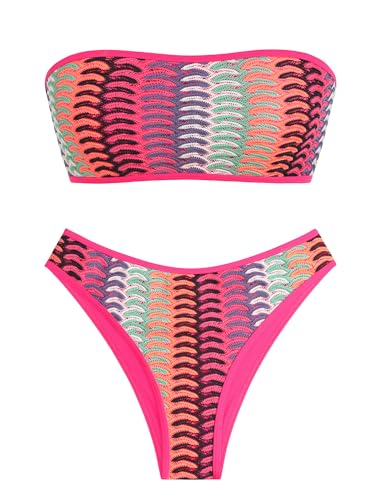 ZAFUL Women Strapless Bandeau Bikini Set Medium Rose Red 2-Piece Swimwear