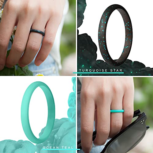 Stackable Silicone Wedding Rings for Women - Metallic Frost Silver, White, Green, Black & Teal Glitter