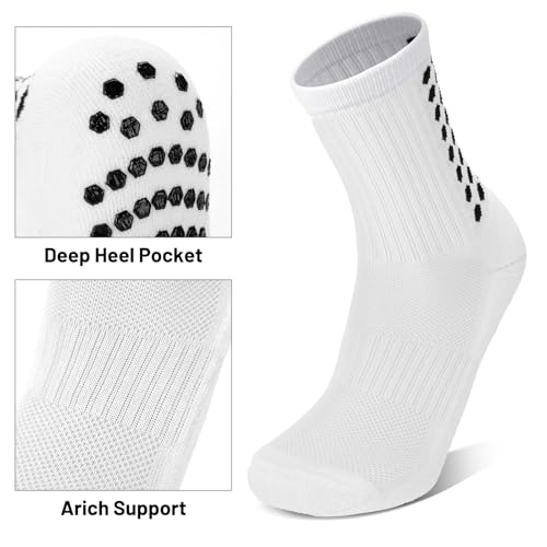 Elfcool Soccer Socks with Grip – 6 Pairs Non-Slip Athletic Socks for Men & Women, White