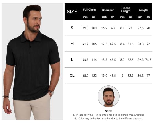 Mens Textured Polo Shirt - Short Sleeve Golf Shirt - Large - Black
