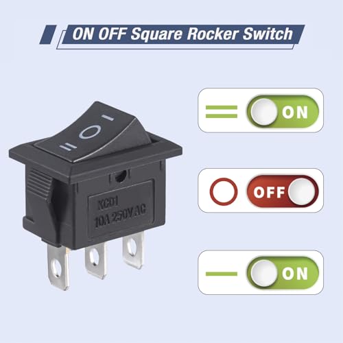 3 Pin ON/OFF/ON Rocker Switch - Black, Pack of 10 Pcs