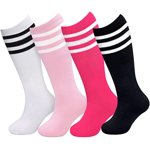 Kids Soccer Socks - 4 Pairs Youth Baseball & Football Socks - 3-6 Years Black/White, White/Black, Pink/White, Rose/White