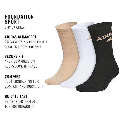 Men's Cushioned Crew Socks - 3 Pairs, Large Warm Sandstone Beige/White/Black