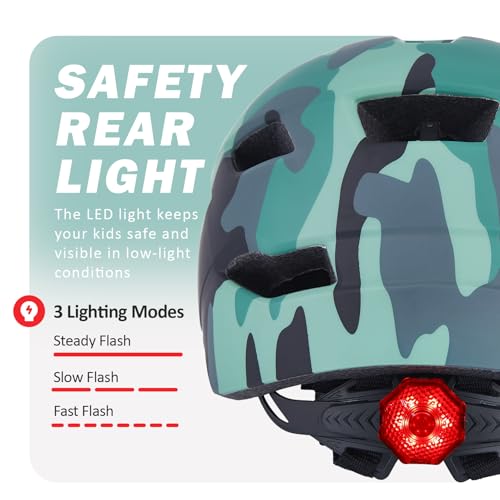 Kids Bike Helmet with LED Light, Camouflage Green, 50-57cm, Toddler & Youth