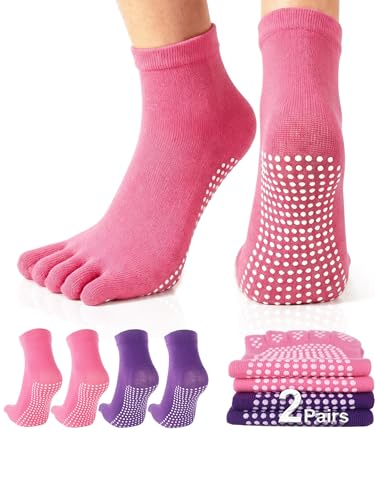 Pilates Grip Socks for Women - Non Slip, 2 Pairs Dark Purple & Rose