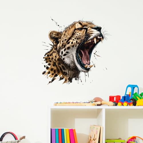 Lifelike Roaring Cheetah Wall Decal Nursery Animal Leopard Wall Sticker Removable Peel and Stick Wall Art Decor Decoration for Kid Baby Preschool Living Room Playing Room Bedroom School