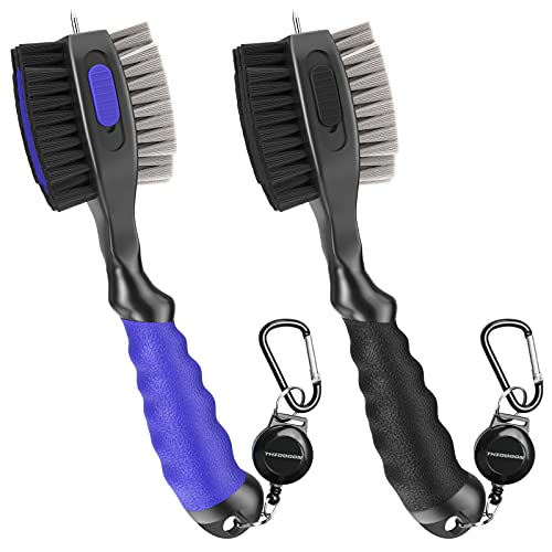 Golf Club Cleaner Brush Set - 2 Pack with Retractable Carabiner - Black & Blue
