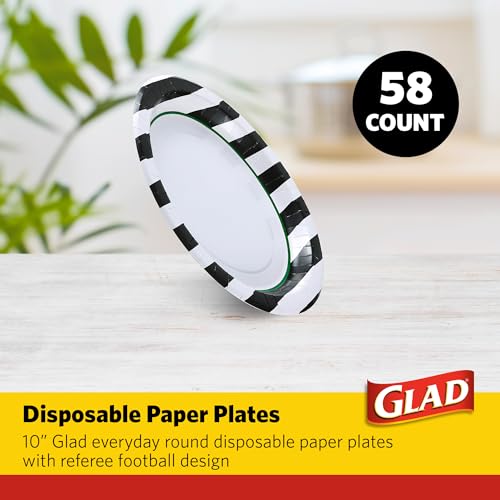 10-Inch Disposable Paper Plates - Referee Football Design, 58 Count - Black/White
