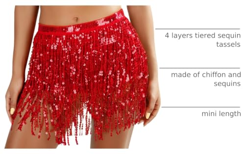 Sequin Hip Skirt with Fringe Tassels - Medium B-Red