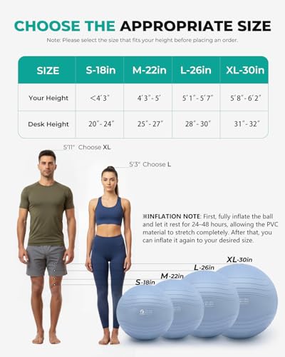 Yoga Ball - Extra Thick Anti-Burst Exercise Ball, Grayish Blue, L (26in/65cm)