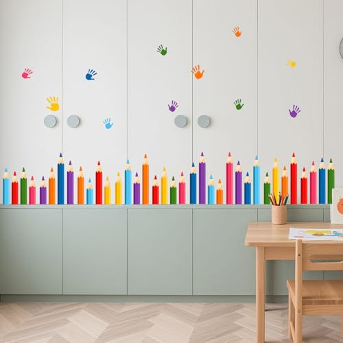 Colorful Pencils Wall Decals Removable Peel and Stick Window Clings 9-Sheet Set with Handprint, Colored Pencil for Back to School, Kids Room, Nursery Classroom, Playroom Decor