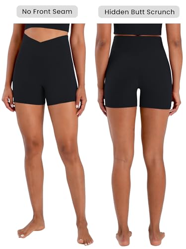 Sunzel Women's High Waist Crossover Workout Shorts - 4 Inch Inseam, Medium, Black