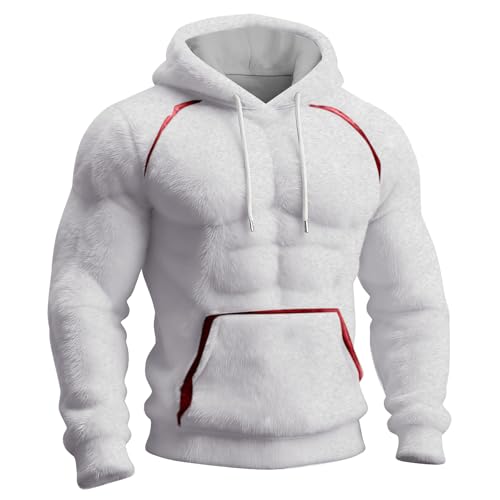 Men's 3D Muscle Print Hoodie - Plush Fleece Pullover, XX-Large White