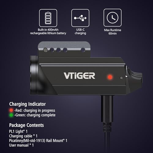 VTIGER PL1 Mini Powerful Compact Pistol Light, 1000 Lumens 984 FT Rechargeable Weapon Handgun Lights, Small Adjustable Rail-Mounted LED Tactical Flashlights for GL/1913 Picatinny Rail, IPX6