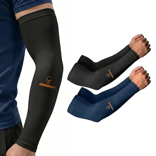ARMORAY Unisex UV Sun Protection Arm Sleeves - Black & Navy 2 Pairs, One Size