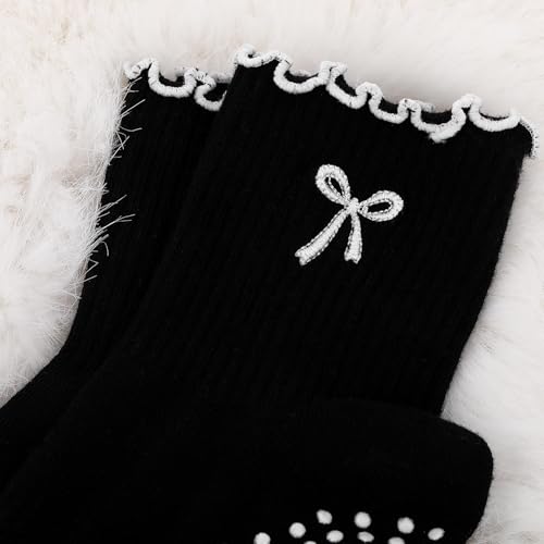 Non-Slip Grip Socks for Women - Pilates & Yoga - Bow / Black