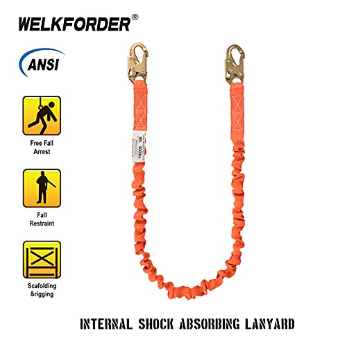 6-Foot Internal Shock Absorbing Safety Lanyard with Double Forging Snap Hook Connectors ANSI Z359.13-2013 Compliant Fall Protection Equipment (1 Pack)