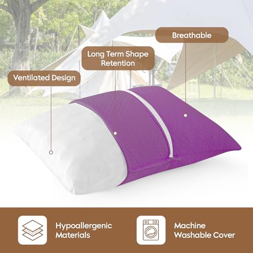 PEUJEW Purple Travel Memory Foam Pillow 16x12 Inch Compact Camping & Hiking Support