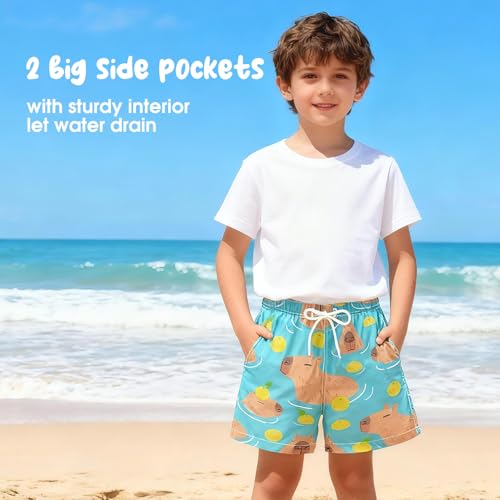CUPADA Boys Swim Trunks 6-16 Years Capybara Print, Small (Capybara Swimming) – Quick-Dry Board Shorts