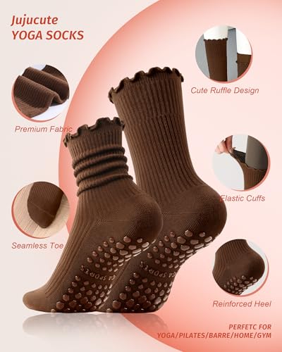 Non-Slip Pilates Socks for Women - 4 Pack with Ruffle Detail - Black