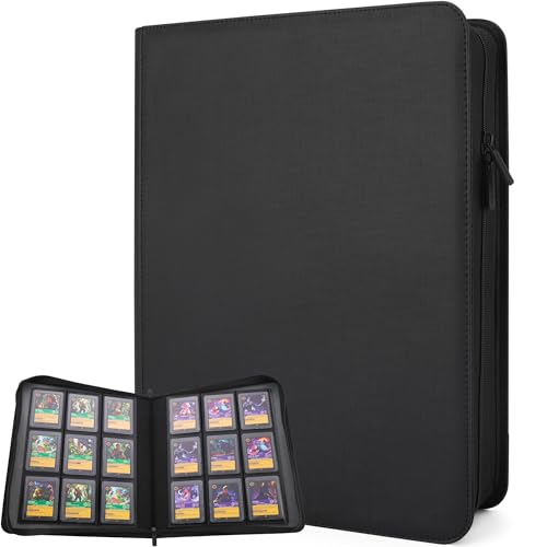FORZAROCKET Black 9-Pocket Toploader Binder for Trading & Sports Cards, Zippered Ringless Album, PU Leather