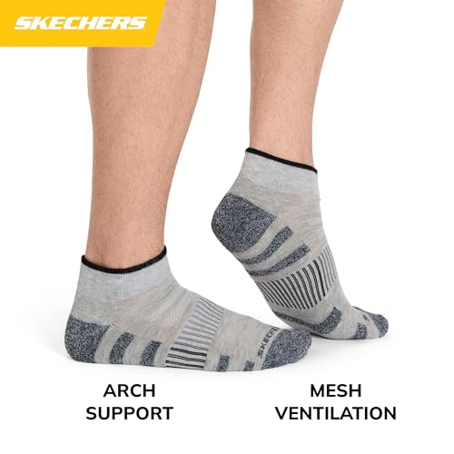 Skechers Men's 8-Pack Work Quarter Crew Socks - Extended Cushion & Mesh Ventilation, Cool Grey/Steel Grey, Size 10-13