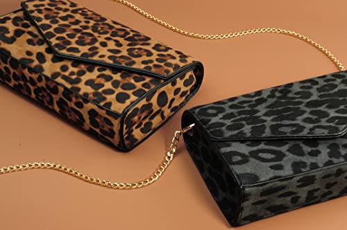 HOXIS Brown Leopard Print Envelope Evening Clutch with Chain