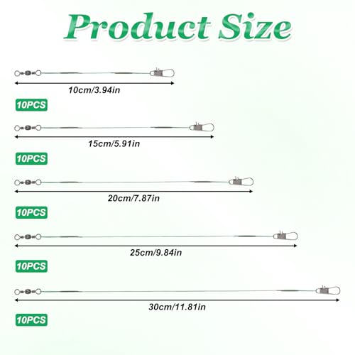 Fishing Leaders with Swivels - 50 Pcs Green Steel Wire