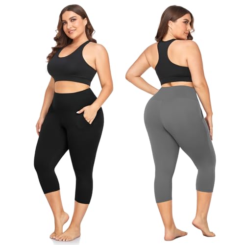 FULLSOFT Plus Size Capri Leggings with Pockets for Women 3X-Large Black Grey Navy Blue