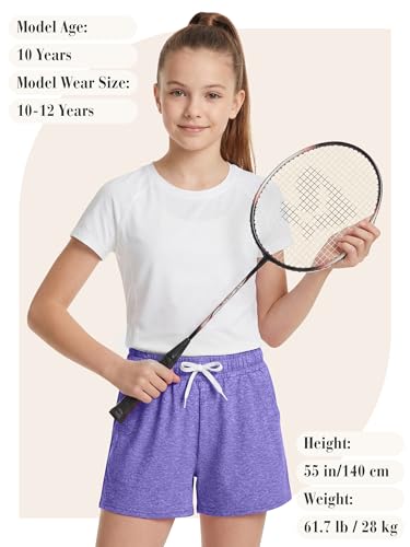 Girls Athletic Shorts - 5 Pack Dry-Fit Performance with Pockets - Hot Pink, Lavender, Green, Dark Grey, Light Pink - 10-12 Years