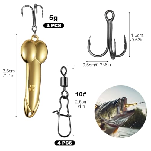 5g Zinc Alloy Spoon Lures with Treble Hooks - 4Pcs Fishing Tackle