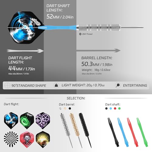 Professional Steel Darts Set - 18 Durable Metal Tip Darts with Flights