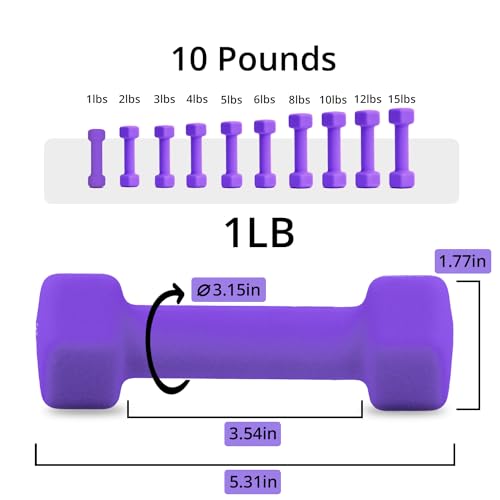 Portzon 1lb Purple Neoprene Dumbbells Set of 2 - Anti-Slip, Hex Shape, Compact